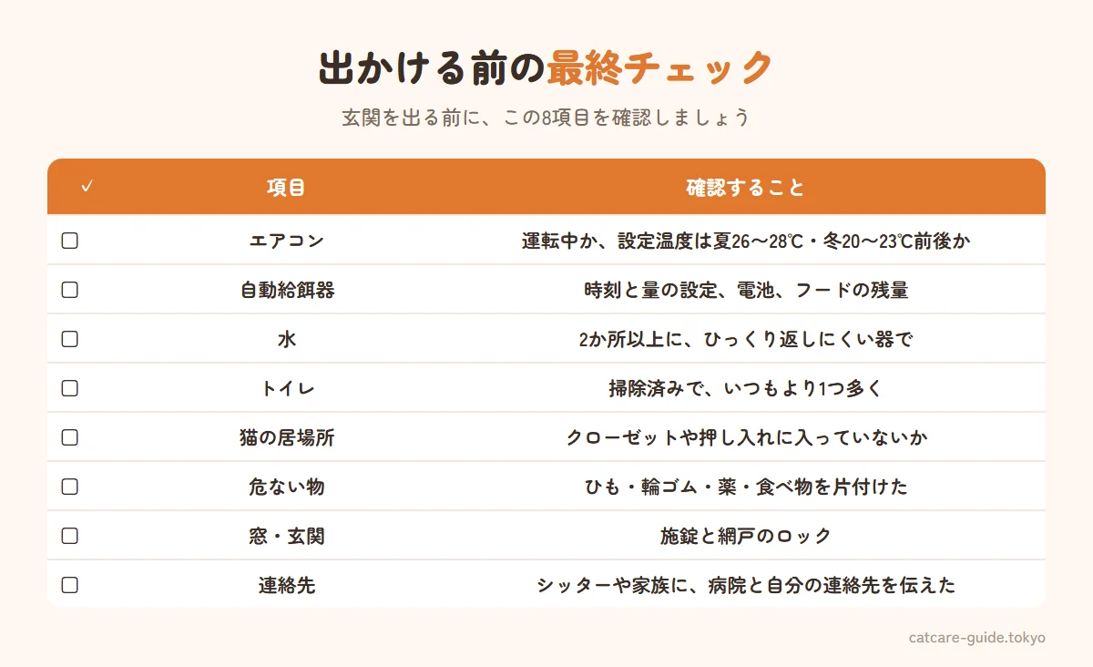 出かける前の最終チェック。エアコンの設定温度と運転を確認、自動給餌器の動作と電池、水飲み場を2か所以上、トイレを掃除して数を増やす、猫の居場所を確認して閉じ込めを防ぐ、危ない物を片付け、窓と玄関の施錠、緊急連絡先を預け先に伝える
