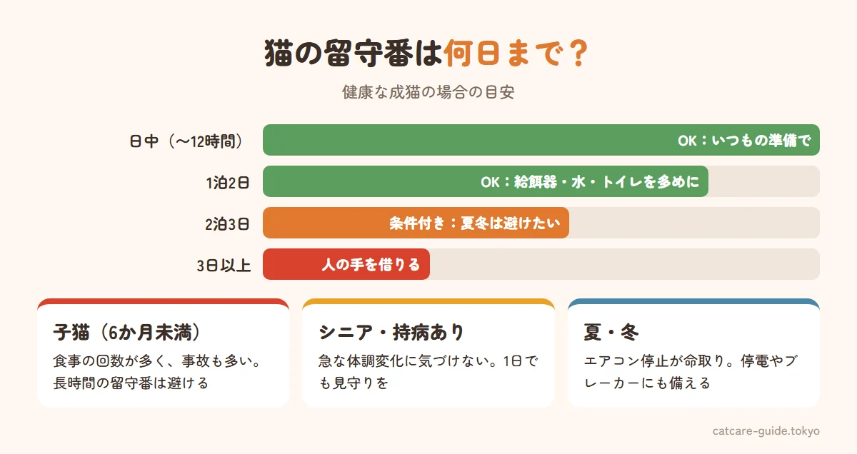 猫の留守番の日数の目安。日中の留守番（12時間以内）は健康な成猫ならOK、1泊2日は準備をすればOK、2泊3日は条件付きで夏冬は避けたい、3日以上は人の手を借りるのが基本。子猫・シニア・持病のある猫は短めに