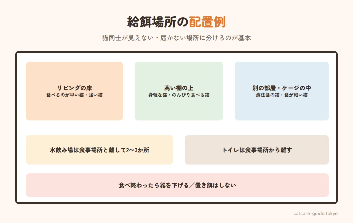 多頭飼いの給餌場所の配置例。強い猫はリビングの床、弱い猫や食べるのが遅い猫は別の部屋や高い棚の上、療法食の猫はマイクロチップで開くフードボウルやケージの中。水飲み場は食事場所と離して複数、トイレは食事場所から離す