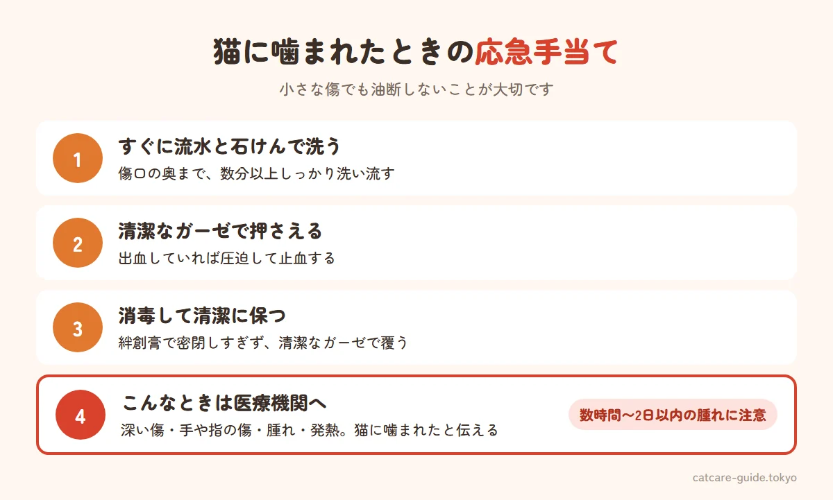 猫に噛まれたときの応急手当て。すぐに流水と石けんで数分以上しっかり洗う、清潔なガーゼで押さえて止血する、消毒して清潔な状態に保つ、深い傷や手の傷や腫れがある場合は医療機関を受診し猫に噛まれたと伝える、数時間から2日以内に腫れや発熱が出たらすぐ受診