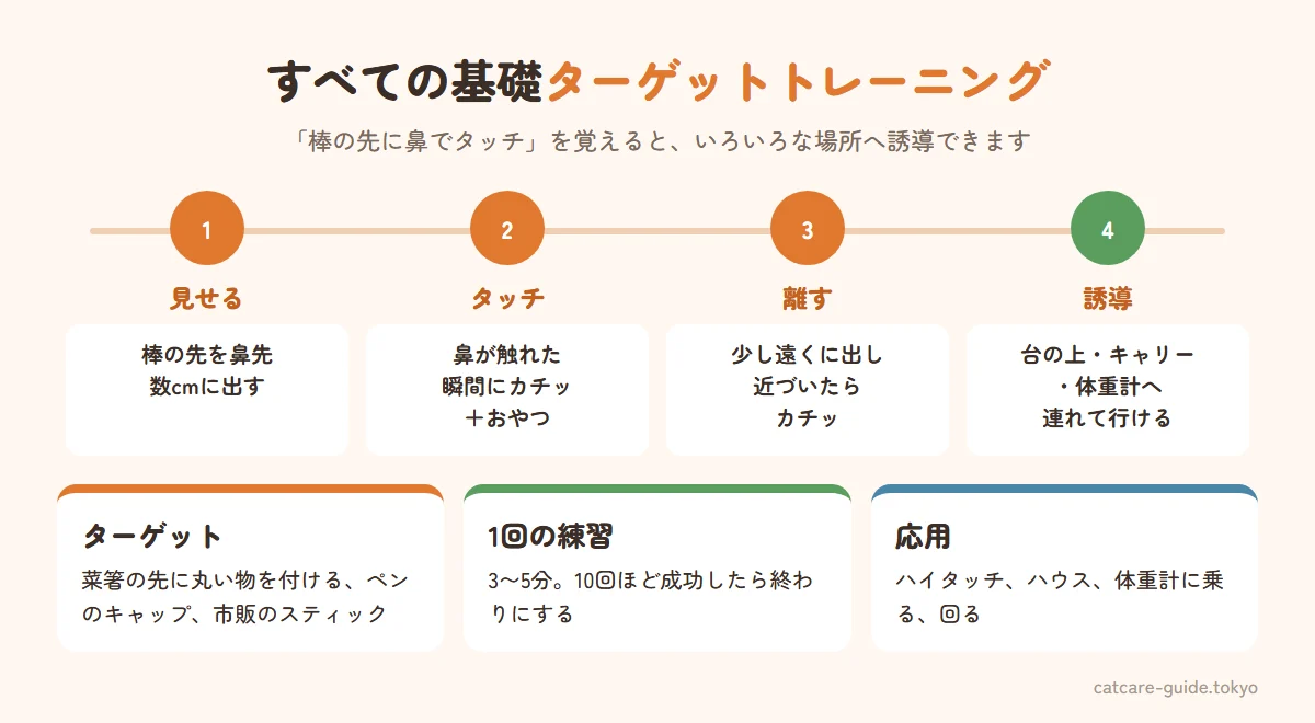 ターゲットトレーニングの手順。棒の先やペンのキャップなどのターゲットを猫の鼻先に近づける、猫がにおいを嗅いで鼻が触れた瞬間にクリックしておやつ、少しずつ離れた場所にターゲットを出して近づいてきたらクリック、ターゲットで猫を好きな場所へ誘導できるようになる