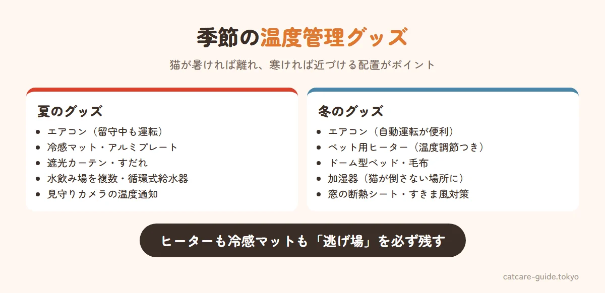 季節の温度管理グッズ。夏はエアコン、冷感マットやアルミプレート、遮光カーテン、複数の水飲み場、見守りカメラの温度通知。冬はエアコン、猫が離れられるペット用ヒーター、ドーム型ベッドや毛布、加湿器、窓際の冷気対策