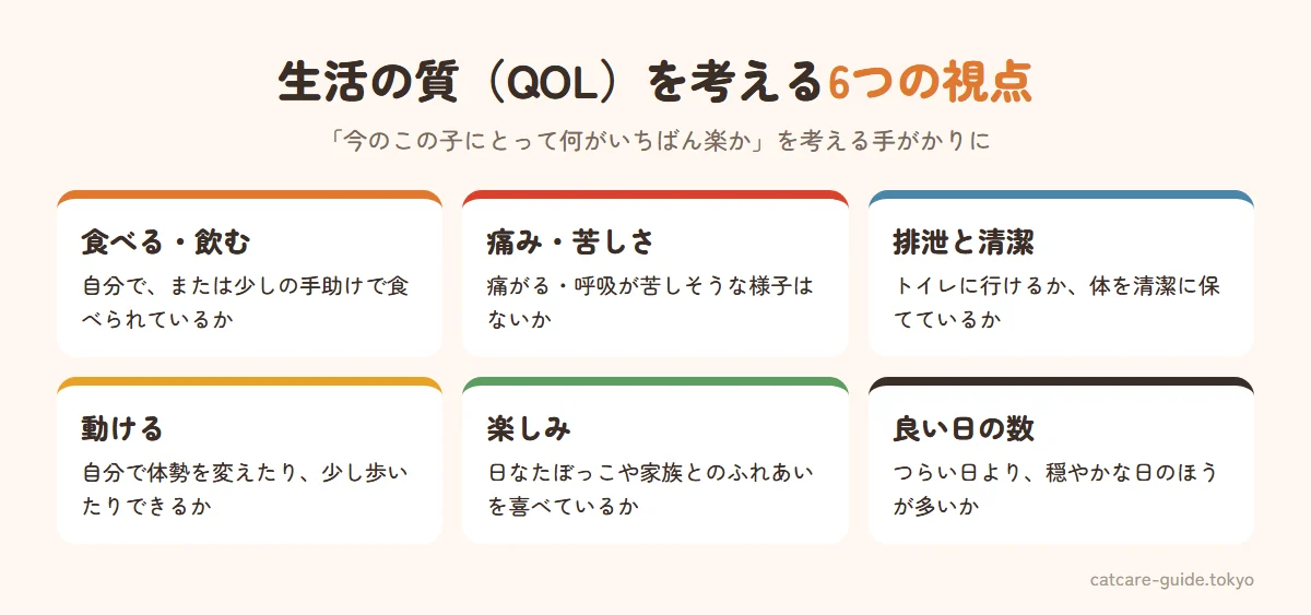 生活の質(QOL)を考える6つの視点。自分で食べたり飲んだりできるか、痛みや苦しさがないか、トイレで排泄できるか・清潔を保てるか、自分で動いたり体勢を変えたりできるか、好きなことを楽しめているか、つらい日より穏やかな日のほうが多いか