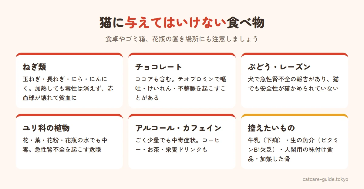 猫に与えてはいけない食べ物。命に関わる危険があるのは玉ねぎ・長ねぎ・にら・にんにく、チョコレート・ココア、ぶどう・レーズン、ユリ科の植物（花粉や花瓶の水も）、アルコール。控えるべきものは牛乳、生の魚介類、人間用の味付け食品、骨付きの鶏肉