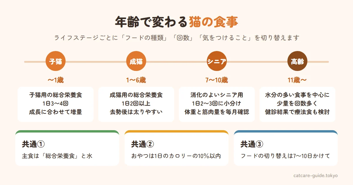 猫のライフステージ別の食事のポイント。子猫（〜1歳）は子猫用総合栄養食を1日3〜4回、成猫（1〜6歳）は1日2回以上で体重管理、シニア（7歳〜）は消化のよいシニア用を少量ずつ、高齢（11歳〜）は腎臓と水分に配慮して健診結果で調整