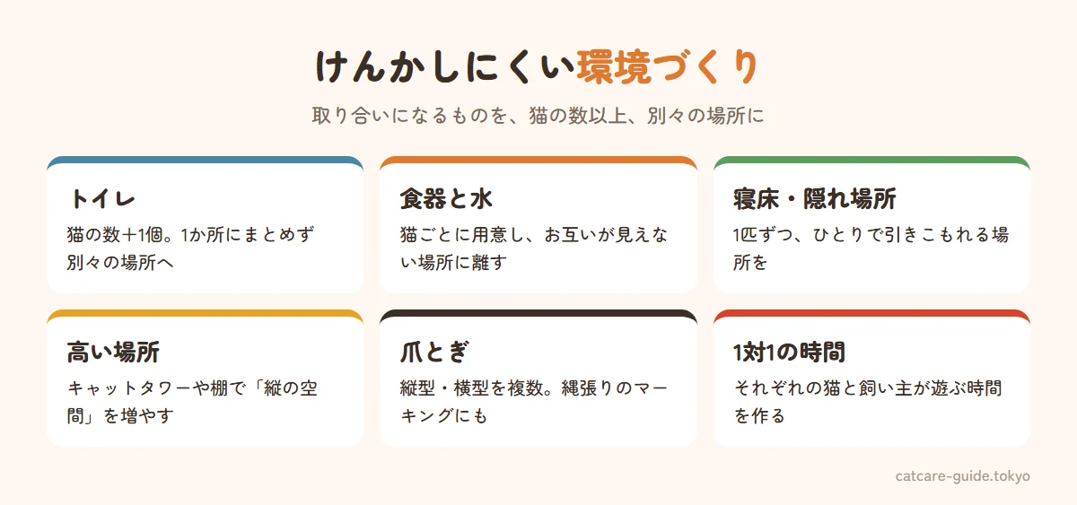 猫同士がけんかしにくい環境づくり。トイレは猫の数プラス1個を別々の場所に、食器と水は猫ごとに離して、寝床と隠れ場所は猫の数以上、キャットタワーや棚で高い場所を増やす、爪とぎを複数置く、飼い主と1対1で過ごす時間を作る