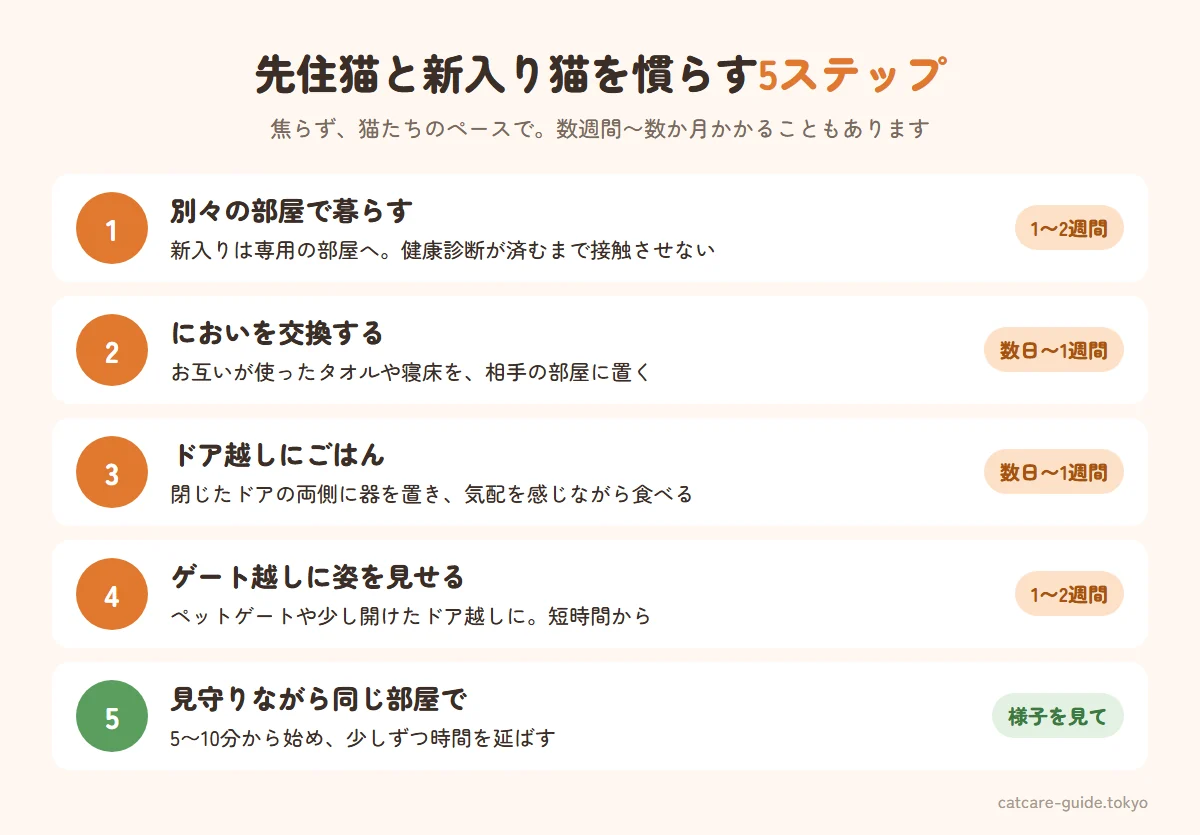 先住猫と新入り猫を慣らす5ステップ。ステップ1は別々の部屋で完全に分けて過ごす(1〜2週間)、ステップ2はタオルなどでにおいを交換する、ステップ3は閉じたドアをはさんで同時にごはんを食べる、ステップ4はペットゲート越しに姿を見せる、ステップ5は飼い主が見守る中で短時間同じ部屋で過ごし徐々に延ばす