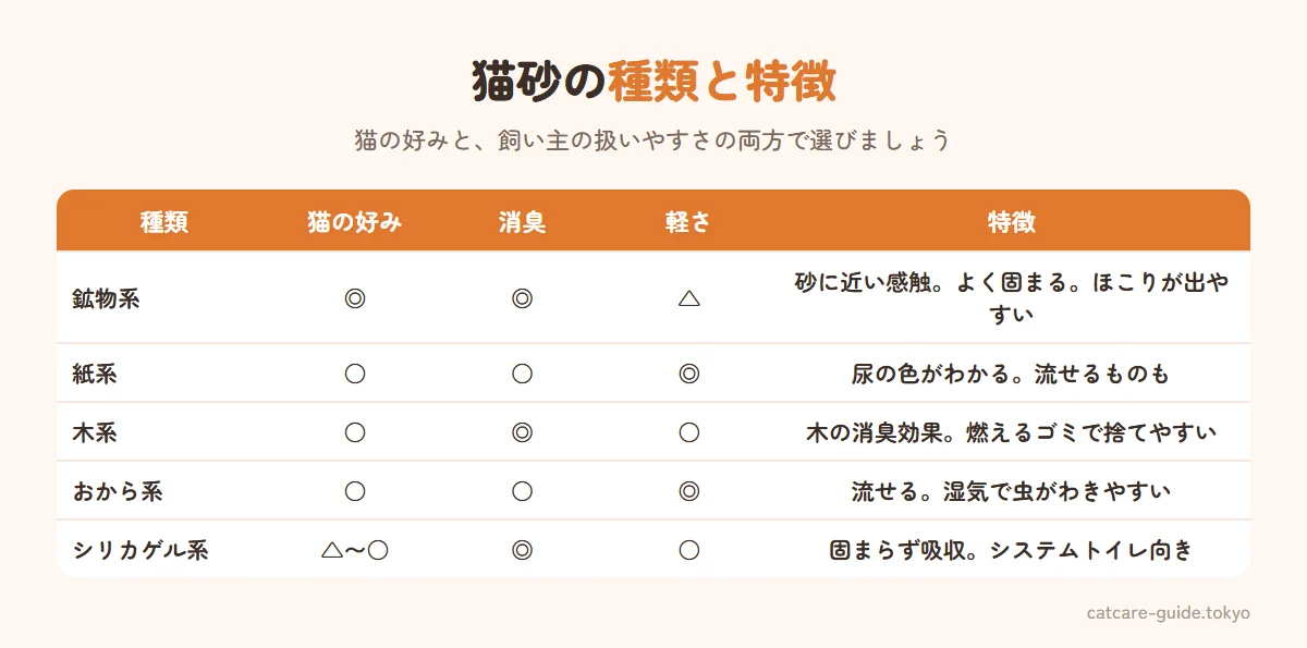 猫砂の種類の比較。鉱物系は猫の好み◎・固まる・消臭◎だが重くほこりが出やすい、紙系は軽く尿の色がわかりトイレに流せるものもある、木系は消臭力があり燃えるゴミで捨てやすい、おから系は軽く流せるが虫がわきやすい、シリカゲル系は固まらず吸収・消臭に優れシステムトイレ向き