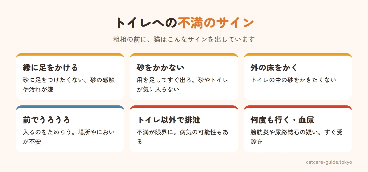 猫がトイレに不満を持っているサイン。トイレの縁に足をかけて用を足す、砂をかかずにすぐ出てくる、トイレの外の床をかく、トイレの前で迷ったり鳴いたりする、トイレ以外で排泄する、トイレに入る回数が増えた。回数が増える・血尿は病気の可能性