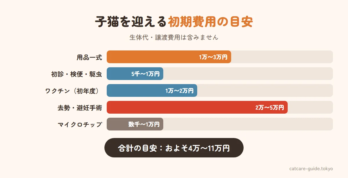 子猫を迎える初期費用の目安。用品一式1万〜3万円、初診と検便・駆虫5千〜1万円、ワクチン初年度2〜3回で1万〜2万円、去勢避妊手術2万〜5万円、マイクロチップ未装着なら数千円〜1万円。合計でおよそ4万〜11万円（生体代や譲渡費用は別）