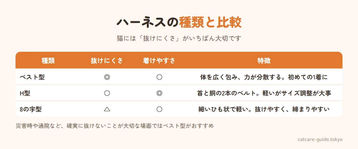 猫用ハーネスの種類の比較。ベスト型は体を広く包み抜けにくく力が分散するので初心者向き。H型は着けやすく軽いが抜けやすい。8の字型は細く軽いが抜けやすく締まりやすい。災害や通院の移動には、体にしっかり合うベスト型がおすすめ
