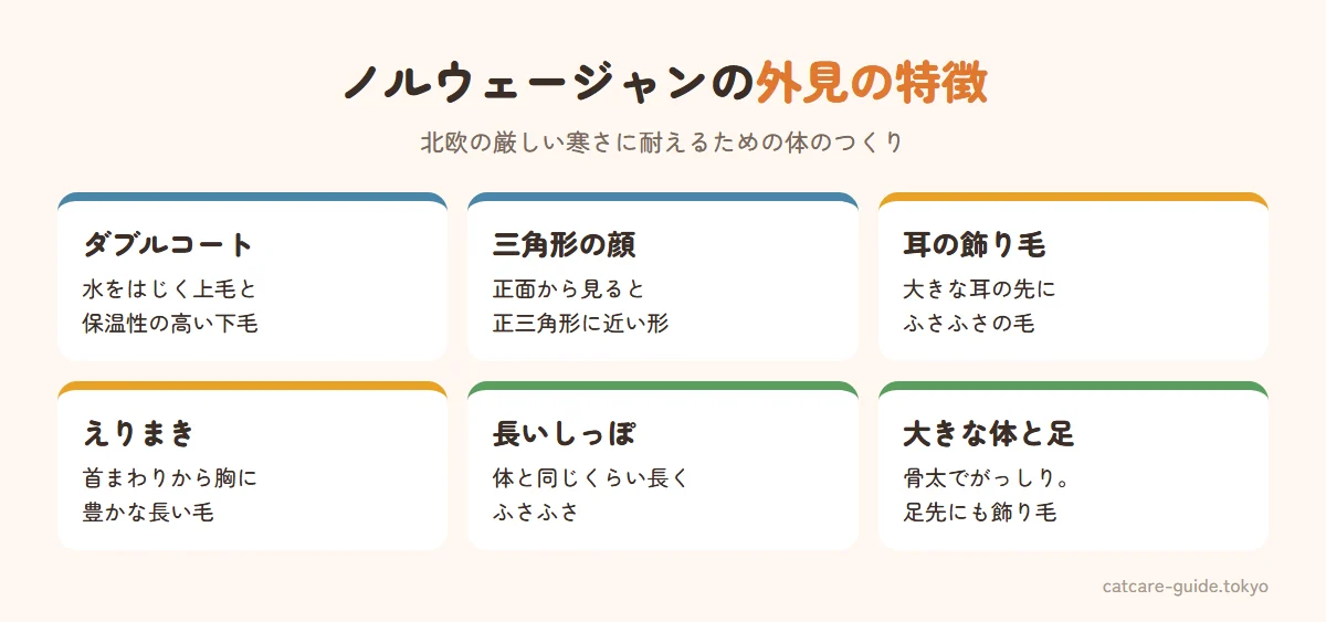 ノルウェージャンフォレストキャットの外見の特徴。水をはじく上毛と保温性の高い下毛のダブルコート、正面から見ると正三角形の顔、先端に飾り毛のある大きな耳、首まわりのえりまきのような毛、ふさふさで長いしっぽ、がっしりした大きな体と大きな足