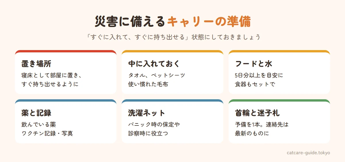災害に備えたキャリーの準備。キャリーは寝床として部屋に置きすぐ持ち出せるようにする、中にタオルとペットシーツを入れておく、フードと水を5日分以上、飲んでいる薬、ワクチンの記録と猫の写真、洗濯ネットと予備の首輪・迷子札