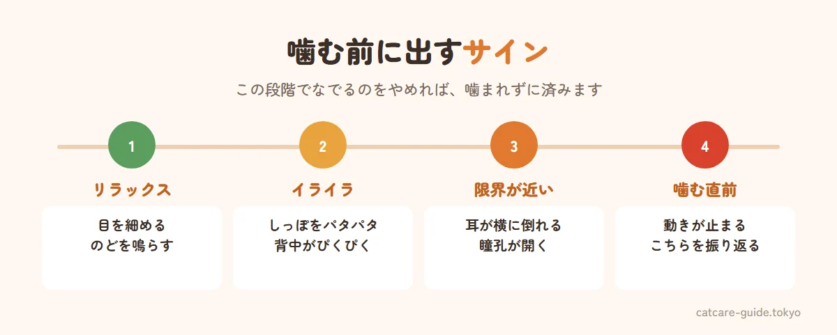 猫が噛む前に出すサイン。リラックスしているときは目を細めのどを鳴らす。イライラし始めると、しっぽを左右にパタパタ振る、背中の皮膚がぴくぴく動く。さらに進むと耳が横や後ろに倒れ、瞳孔が開き、体の動きが止まって振り返る。このあと噛む。サインが出たらすぐになでるのをやめる