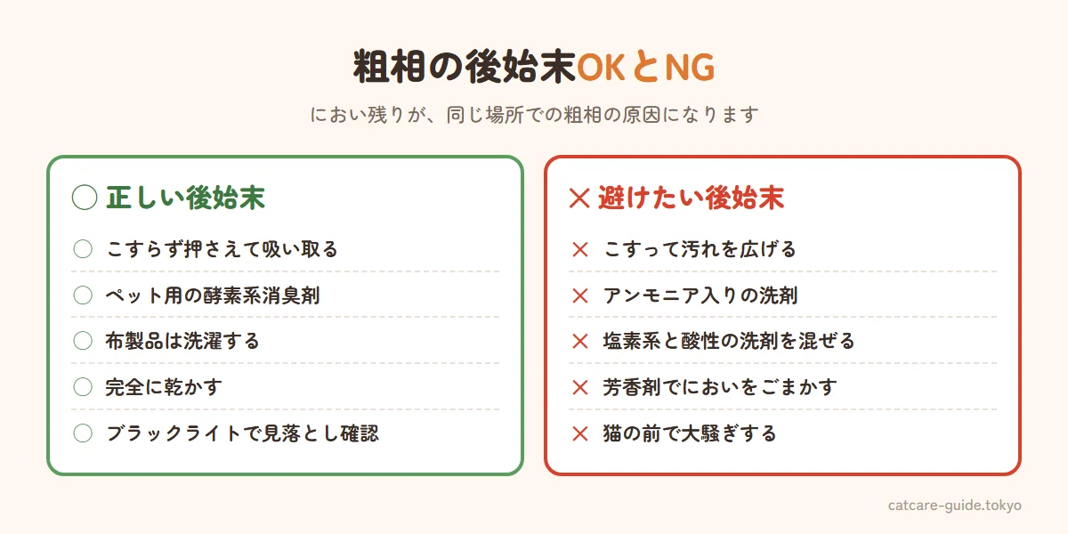 粗相の後始末のOKとNG。OKはこすらず上から押さえて吸い取る、ペット用の酵素系消臭剤でにおいの元を分解する、布製品は洗濯する、完全に乾かす、ブラックライトで見落としを探す。NGはこすって広げる、アンモニア入りの洗剤を使う、塩素系と酸性の洗剤を混ぜる、香りの強い芳香剤でごまかす、猫の前で大騒ぎする