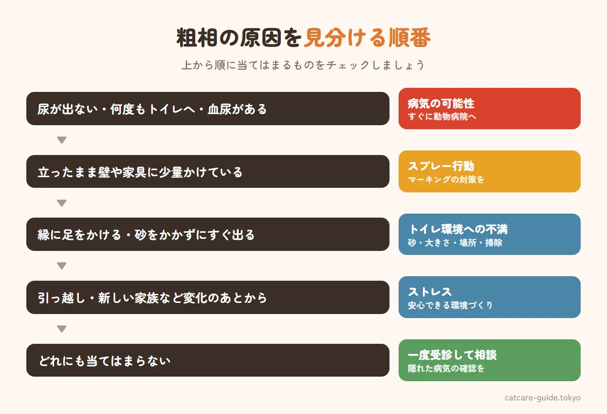 猫の粗相の原因を見分ける順番。まず尿が出ない・何度もトイレに行く・血尿があれば病気の可能性が高くすぐ受診。次に立ったまま壁に少量かけるならスプレー行動。トイレの縁に足をかける・すぐ出てくるならトイレ環境への不満。引っ越しや新しい家族など変化のあとならストレス。どれでもなければ一度動物病院で相談