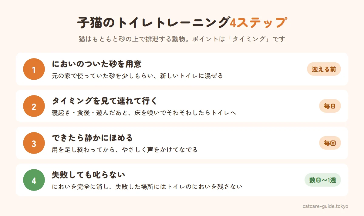 子猫のトイレトレーニング4ステップ。迎える前に元の家で使っていた砂を少しもらう、寝起きや食後、床のにおいを嗅いでそわそわしたらトイレに連れて行く、トイレでできたら静かにほめる、失敗しても叱らずにおいを完全に消す