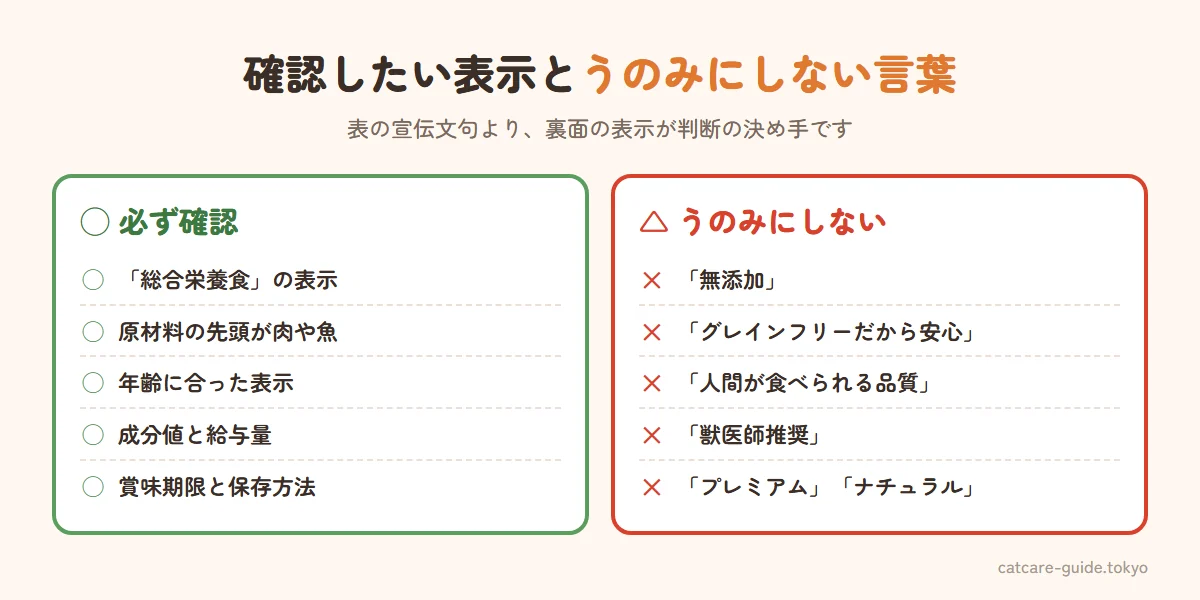 キャットフード選びで確認したい表示と、うのみにしない宣伝文句。確認したいのは総合栄養食の表示、原材料の先頭が肉や魚、年齢に合った表示、成分値と給与量、賞味期限と保存方法。うのみにしないのは無添加、グレインフリーなら安心、人間が食べられる品質、獣医師推奨、プレミアム・ナチュラル