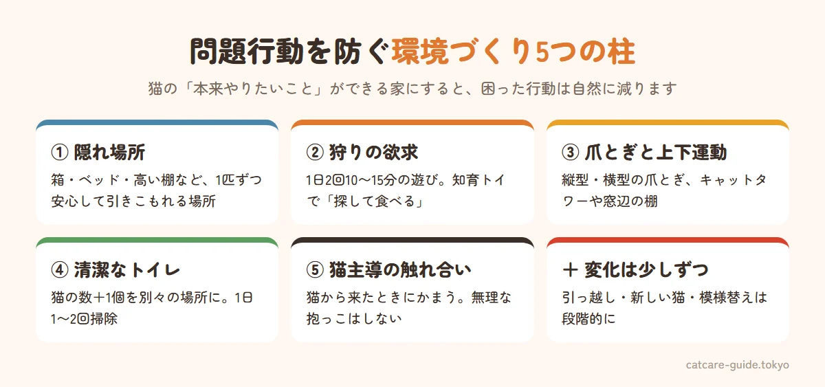 問題行動を防ぐ環境づくり5つの柱。安心して隠れられる場所、狩りの本能を満たす遊びと食事、爪とぎと上下運動、清潔で使いやすいトイレ、猫のペースを尊重した触れ合い