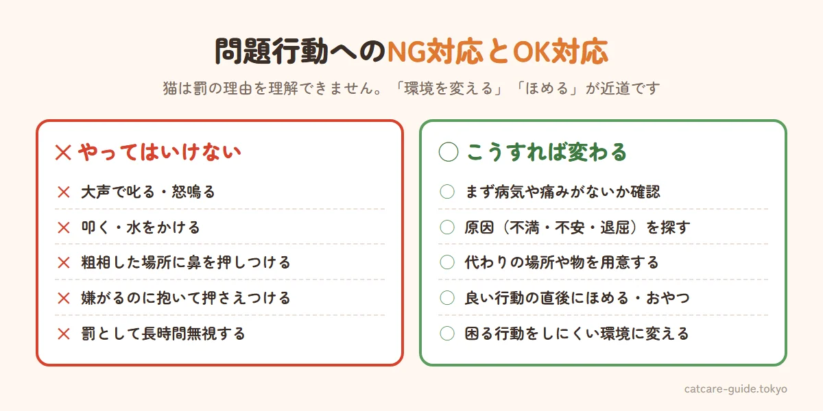 猫の問題行動へのNG対応とOK対応。NGは大声で叱る、叩く・水をかける、粗相した場所に鼻を押しつける、嫌がるのに抱いて止める。OKは原因を探す、代わりの場所や物を用意する、良い行動をした直後にほめる、困る行動をしにくい環境に変える