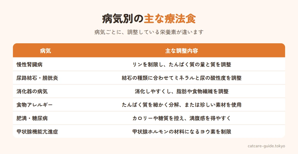 病気別の猫の主な療法食。腎臓病用はリンを制限したんぱく質を調整。尿路結石用はストルバイトやシュウ酸カルシウムなど結石の種類に合わせてミネラルと尿のpHを調整。消化器用は消化しやすく脂肪や繊維を調整。アレルギー用はたんぱく質を分解した加水分解食や新奇たんぱく。肥満・糖尿病用は低カロリーや糖質を調整。甲状腺機能亢進症用はヨウ素を制限