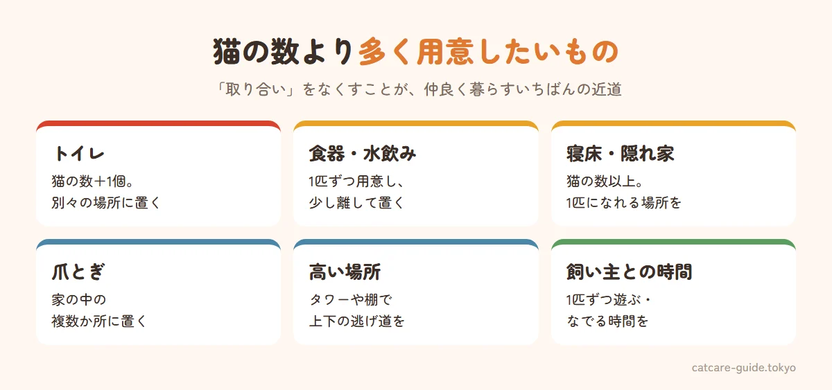 多頭飼いで猫の数より多く用意したいもの。トイレは猫の数プラス1個で別々の場所に。食器と水飲みは1匹ずつ、少し離して。寝床と隠れ家は猫の数以上。爪とぎは複数か所。高い場所はキャットタワーや棚で逃げ道になる上下の空間を。1匹になれる部屋や場所も