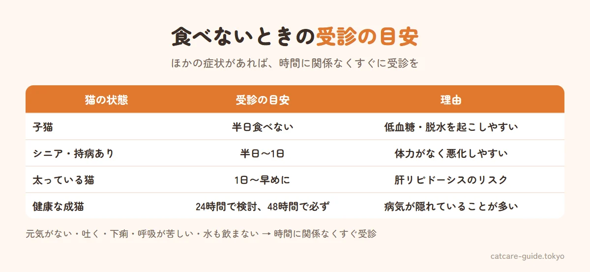 猫がご飯を食べないときの受診の目安。子猫は半日食べなければ受診。シニア猫・持病のある猫は半日〜1日で受診。成猫は24時間食べなければ受診を考え、48時間なら必ず受診。太っている猫は肝リピドーシスのリスクがあるため早めに。元気がない・吐く・下痢・呼吸が苦しいなどがあれば時間に関係なくすぐ受診