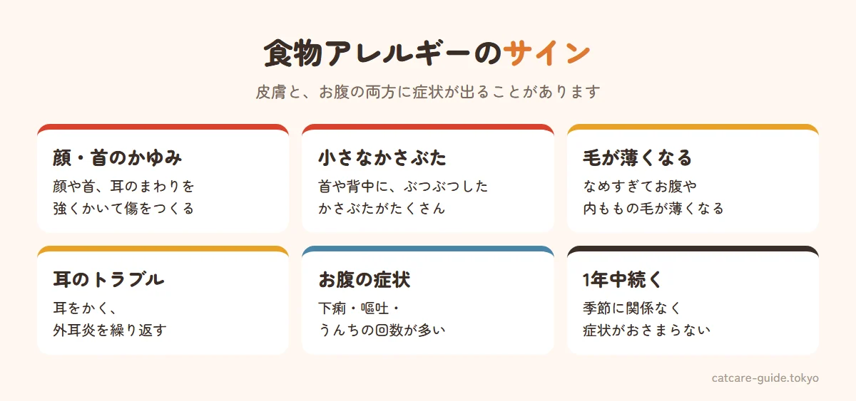 猫の食物アレルギーのサイン。顔・首・耳のまわりを強くかく、首やお腹に小さなかさぶたがたくさんできる、毛づくろいのしすぎでお腹や内ももの毛が薄くなる、耳をかく・外耳炎を繰り返す、下痢や嘔吐・うんちの回数が多い、季節に関係なく1年中症状が続く