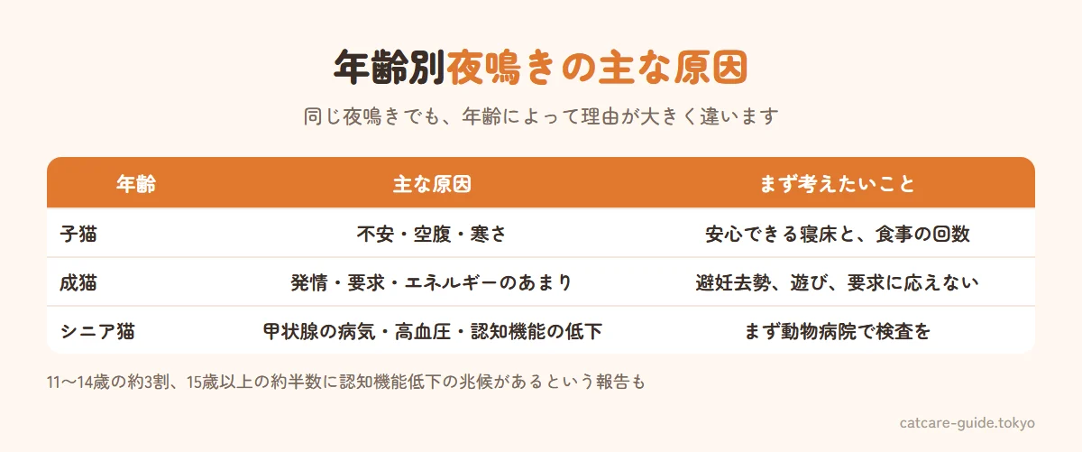 年齢別の猫の夜鳴きの主な原因。子猫は母猫や兄弟と離れた不安、空腹、寒さ。若い成猫は発情、かまってほしい・ごはんがほしいなどの要求、エネルギーのあまり。シニア猫は甲状腺機能亢進症、高血圧、認知機能の低下、目や耳の衰え、関節の痛み