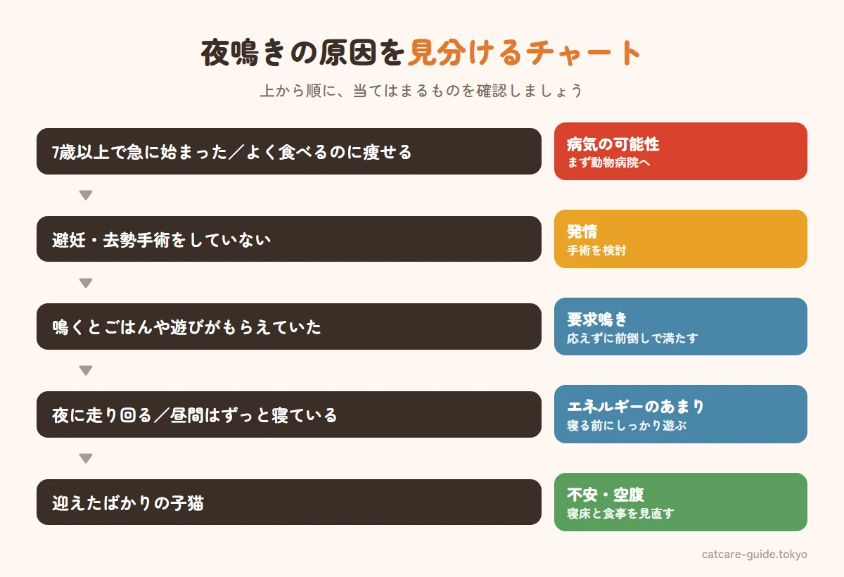 猫の夜鳴きの原因を見分けるチャート。7歳以上で急に始まった、よく食べるのに痩せるなどがあれば病気の可能性で動物病院へ。避妊去勢をしていないなら発情。鳴くとごはんや遊びがもらえていたなら要求鳴き。夜に走り回る・昼間ずっと寝ているならエネルギーのあまり。迎えたばかりの子猫なら不安・空腹