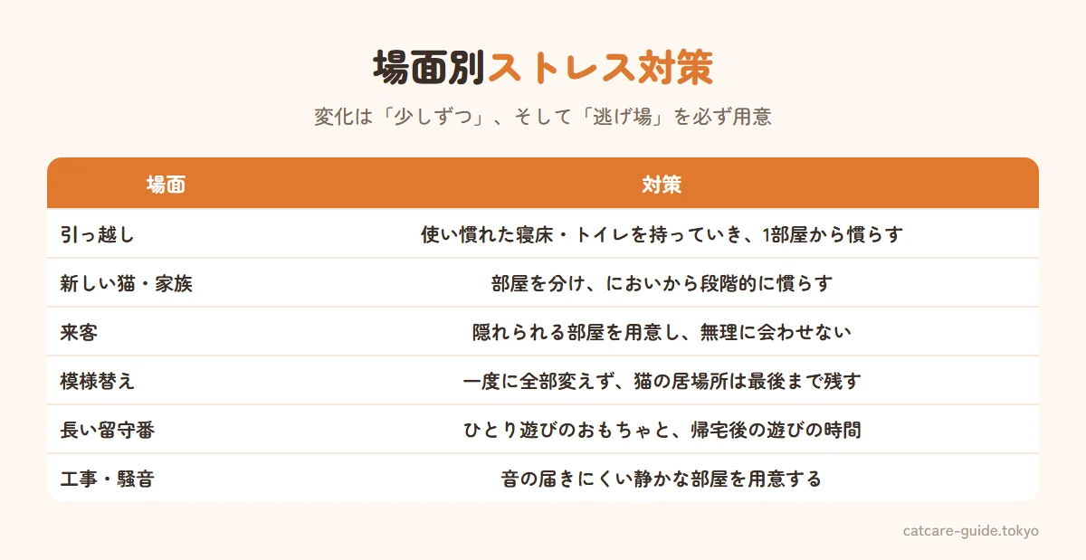 場面別の猫のストレス対策。引っ越しは使い慣れた物を持っていき1部屋から慣らす。新しい猫を迎えるときは部屋を分けて段階的に対面。来客時は隠れられる部屋を用意し無理に会わせない。模様替えは一度に変えず少しずつ。留守が長いときはひとり遊びのおもちゃと帰宅後の遊び。工事や騒音は静かな部屋を用意