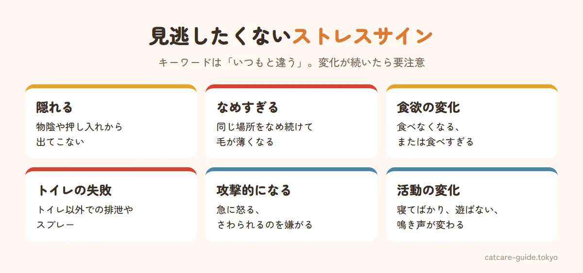 猫のストレスサイン。隠れて出てこない・物陰で過ごす時間が増えた。同じ場所をなめ続けて毛が薄くなる過剰グルーミング。食欲が落ちる、または食べすぎる。トイレ以外での排泄やスプレー。攻撃的になる・触られるのを嫌がる。鳴き声が増える、または減る。寝てばかり・遊ばなくなる