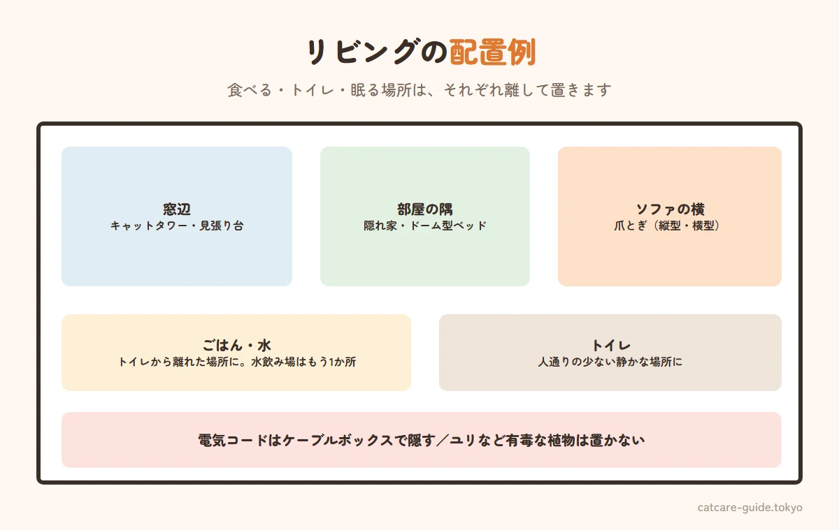 猫が快適に暮らせるリビングの配置例。窓辺にキャットタワーと見張り台、部屋の隅の静かな場所に隠れ家やドーム型ベッド、ソファの近くに爪とぎ、ごはんと水はトイレから離れた場所に、水飲み場は別にもう1か所、トイレは人通りの少ない静かな場所に、電気コードはケーブルボックスで隠し、有毒な植物は置かない