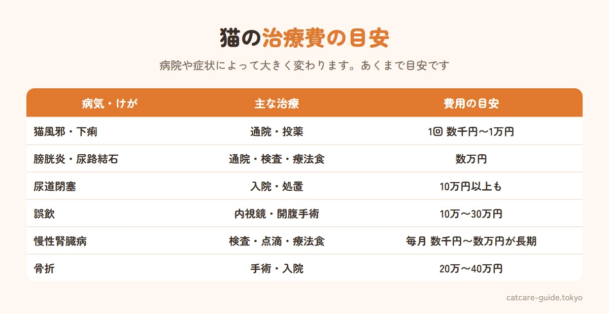 猫の治療費の目安。猫風邪や下痢などの通院は1回数千円〜1万円程度。膀胱炎や尿路結石は通院と検査で数万円、尿道閉塞で入院すると10万円以上になることも。誤飲で内視鏡や開腹手術になると10万〜30万円程度。慢性腎臓病は検査・点滴・療法食で毎月数千円〜数万円が長く続く。骨折の手術は20万〜40万円程度