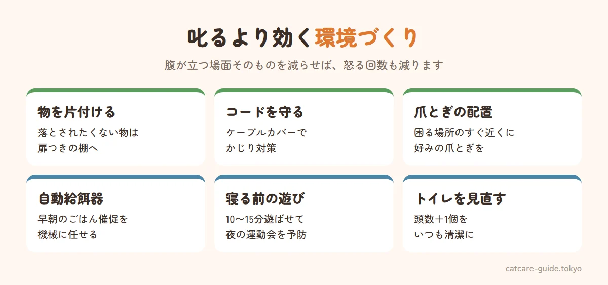 叱るより効く、腹が立つ場面を減らす環境づくり。落とされたくない物は棚にしまう、コード類はカバーで保護、爪とぎを困る場所の近くに置く、自動給餌器で早朝の催促を減らす、寝る前にしっかり遊ばせる、トイレは頭数プラス1個を清潔に