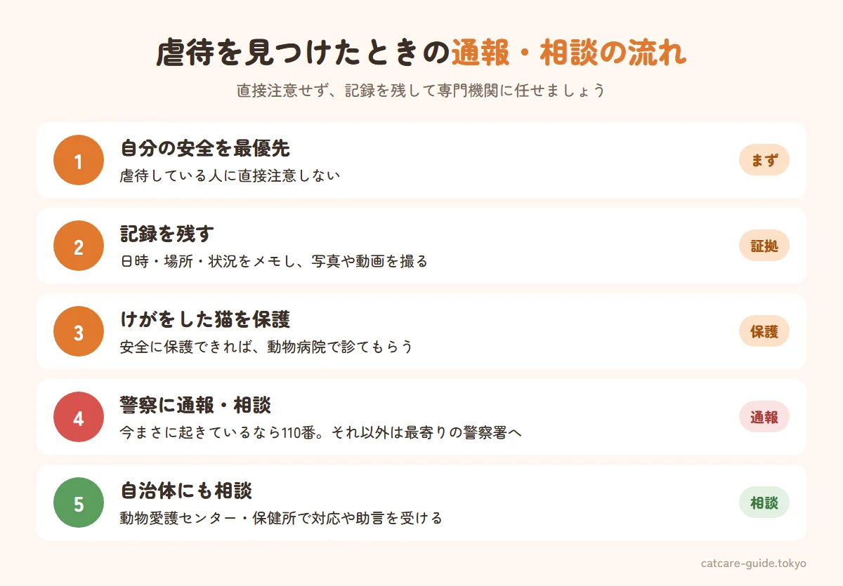 動物虐待を見つけたときの通報・相談の流れ。1 自分の安全を最優先し直接注意しない、2 日時・場所・状況を記録し写真や動画を残す、3 けがをした猫がいれば動物病院へ、4 緊急なら110番、そうでなければ最寄りの警察署に相談、5 自治体の動物愛護センターや保健所にも相談する