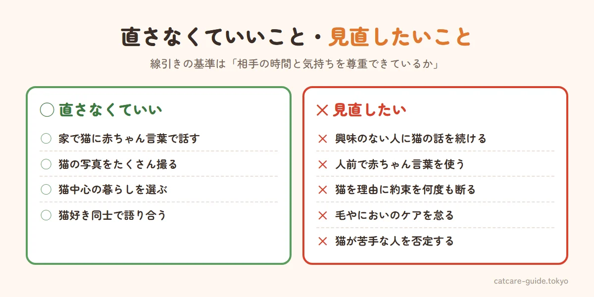 愛猫家として直さなくていいことと見直したいこと。直さなくていいのは家で猫に赤ちゃん言葉で話しかける、猫の写真をたくさん撮る、猫中心の暮らしを選ぶ、猫の話で盛り上がれる相手と語り合う。見直したいのは興味のない人に猫の話を続ける、人前や職場で赤ちゃん言葉を使う、猫を理由に約束を何度も断る、毛やにおいのケアを怠る、猫が苦手な人を否定する