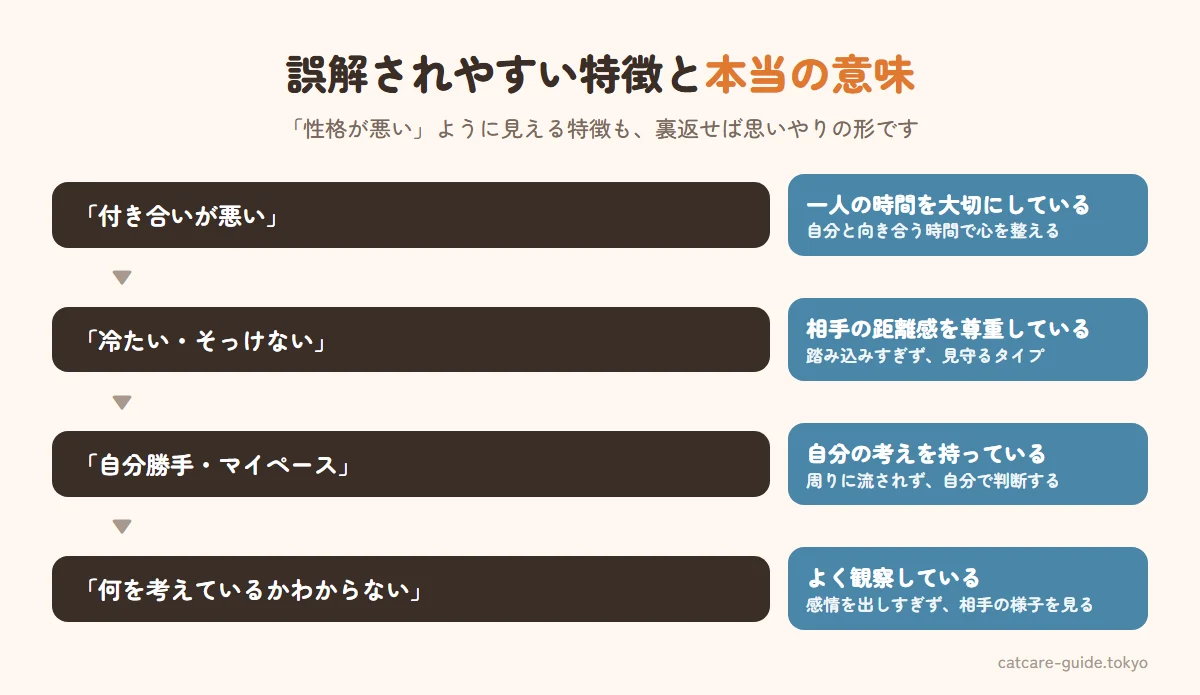 猫飼いが誤解されやすい特徴と実際の意味。付き合いが悪い、実際は一人の時間を大切にしている。冷たい・そっけない、実際は相手の距離感を尊重している。自分勝手、実際は自分の考えを持っていて流されない。何を考えているかわからない、実際は感情を表に出しすぎず相手の様子を観察している
