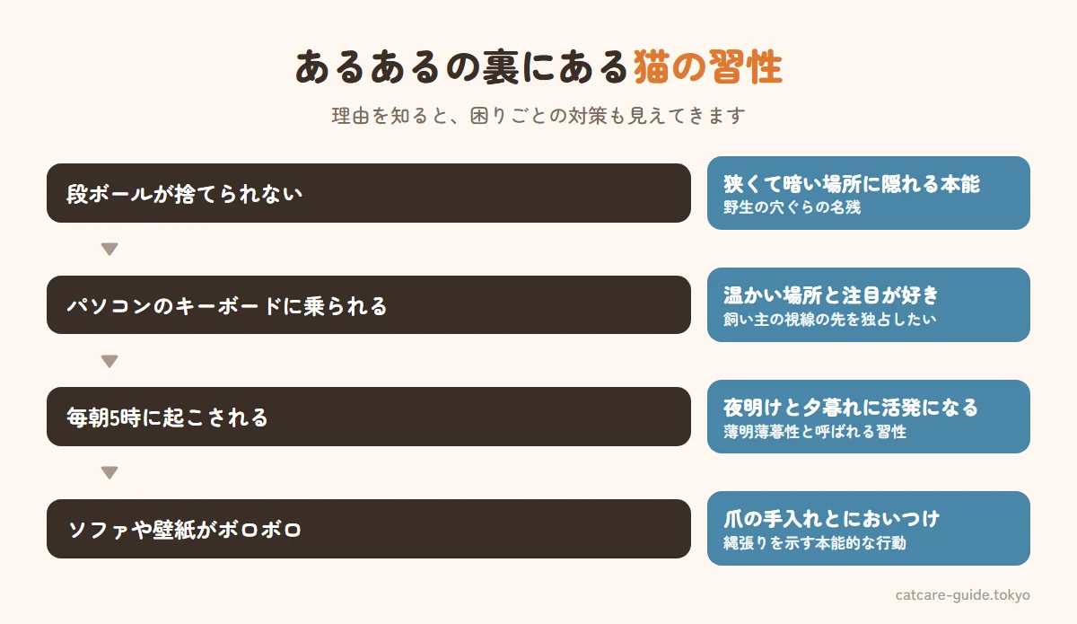 猫飼いあるあると猫の習性の対応。段ボールを捨てられないのは狭く暗い場所に隠れる本能、パソコンに乗られるのは温かい場所と飼い主の注目が好きだから、朝早く起こされるのは夜明けに活発になる習性、ドアを開けておくのは縄張りを見回りたい習性、ソファがボロボロなのは爪の手入れとにおいつけの本能