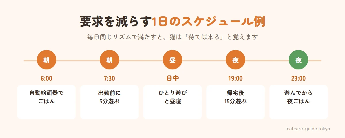 要求を減らす1日のスケジュール例。朝は自動給餌器でごはん、出勤前に5分遊ぶ、日中はひとり遊びと昼寝、帰宅後に15分しっかり遊ぶ、寝る前に遊んでから夜ごはん