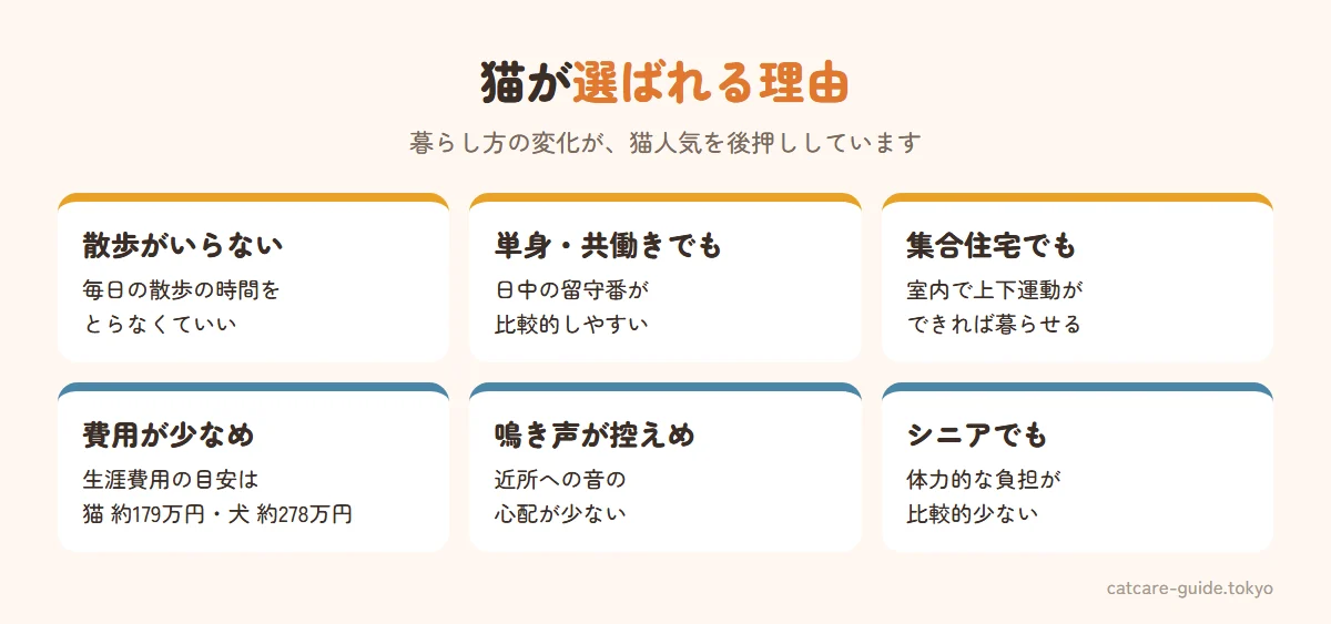 猫が選ばれる理由。散歩がいらない、ひとり暮らしや共働きでも飼いやすい、集合住宅でも暮らしやすい、生涯にかかる費用が犬より少なめ（犬約278万円、猫約179万円）、鳴き声で近所迷惑になりにくい、シニア世代でも世話がしやすい