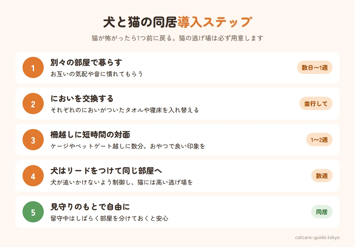 犬と猫を同居させる導入ステップ。1 別々の部屋で数日から1週間過ごす、2 においのついたタオルを交換する、3 ケージや柵越しに短時間対面、4 リードをつけた犬と猫を同じ部屋で短時間、5 見守りのもとで自由に過ごす。猫の逃げ場と高い場所を必ず用意する