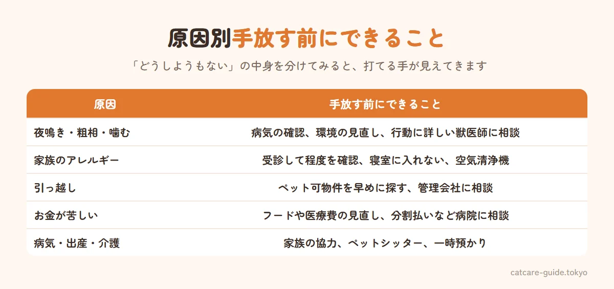 猫を手放したくなる原因と、手放す前にできること。夜鳴き・粗相・噛むなどの問題行動は、病気の確認と環境の見直しで改善することが多い。家族のアレルギーは受診と空気清浄機・寝室に入れないなどの工夫。引っ越しはペット可物件探しと早めの準備。経済的な負担はフードや医療費の見直しと相談。飼い主の病気・出産・介護は家族やペットシッター・一時預かりの利用