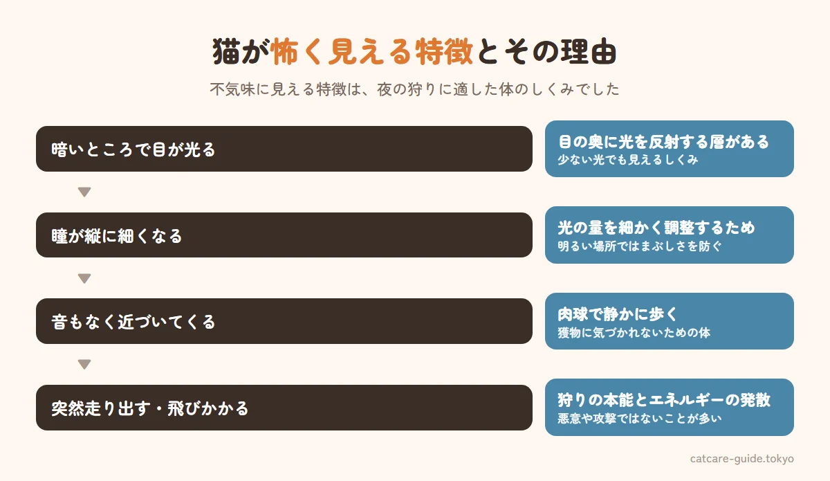 猫が怖い・不気味に見える特徴とその理由。暗いところで目が光るのは目の奥に光を反射する層（タペタム）があるため、瞳孔が縦長に細くなるのは光の量を細かく調整するため、音もなく近づくのは肉球があり狩りのために静かに歩くため、突然走り出すのは狩りの本能で余ったエネルギーを発散しているため